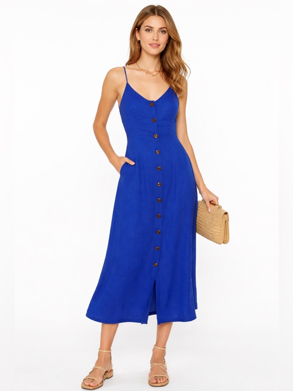 BCBGMAXAZRIA Blue Linen‎ Midi Dress Midi Dress Button Front Chic Size 2 NWT $248